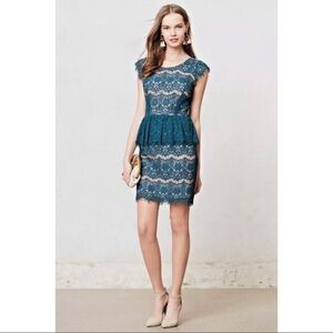 ANTHROPOLOGIE MAEVE Elsa Green Lace Peplum Sheath Dress Size XS
